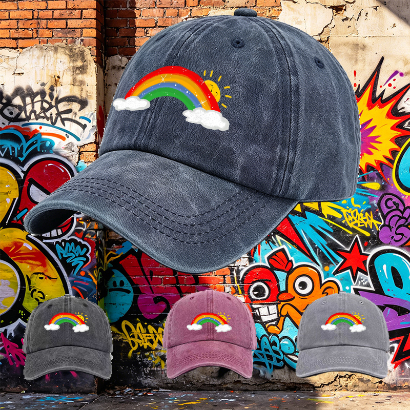 Men's Rainbow Print Washed Cotton Cap with Sunny Cloud Design Lightweight Casual Round Brim Summer Hat for Outdoor Activities and Daily Wear Adults Unisex Streetwear Fashion Accessory