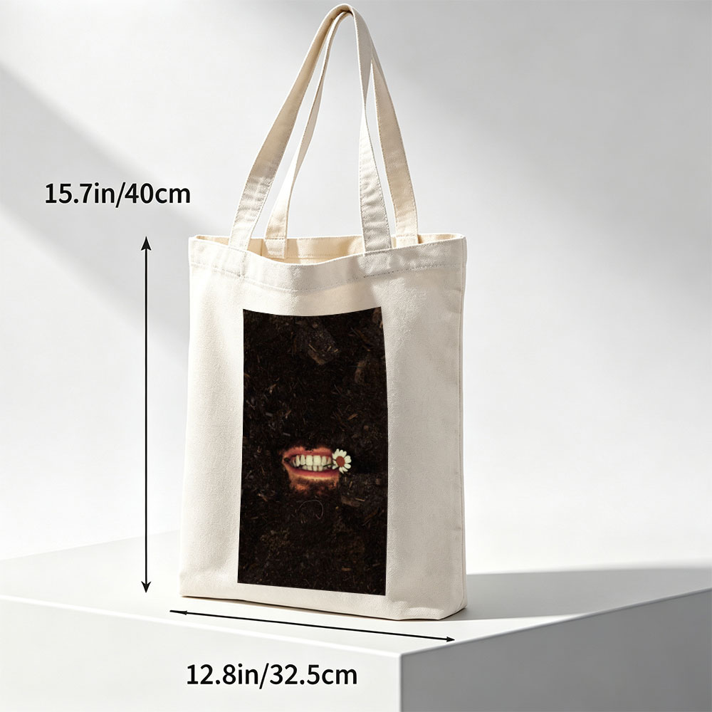 Mysterious Mouth in Soil with Daisy Flower in Teeth - Canvas tote bags