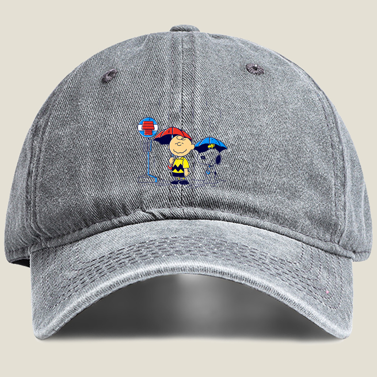 Peanuts: Charlie Brown and Snoopy in the Rain - Washed Denim - Baseball Cap