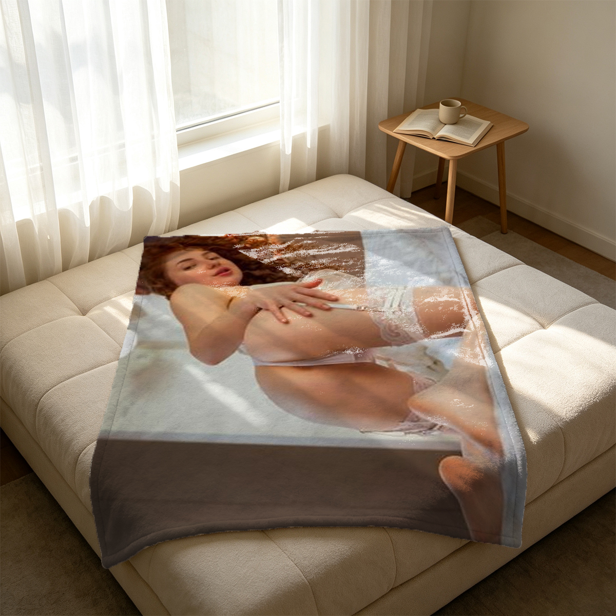Blonde in orange fishnet bodysuit licking pool cue. - Blanket