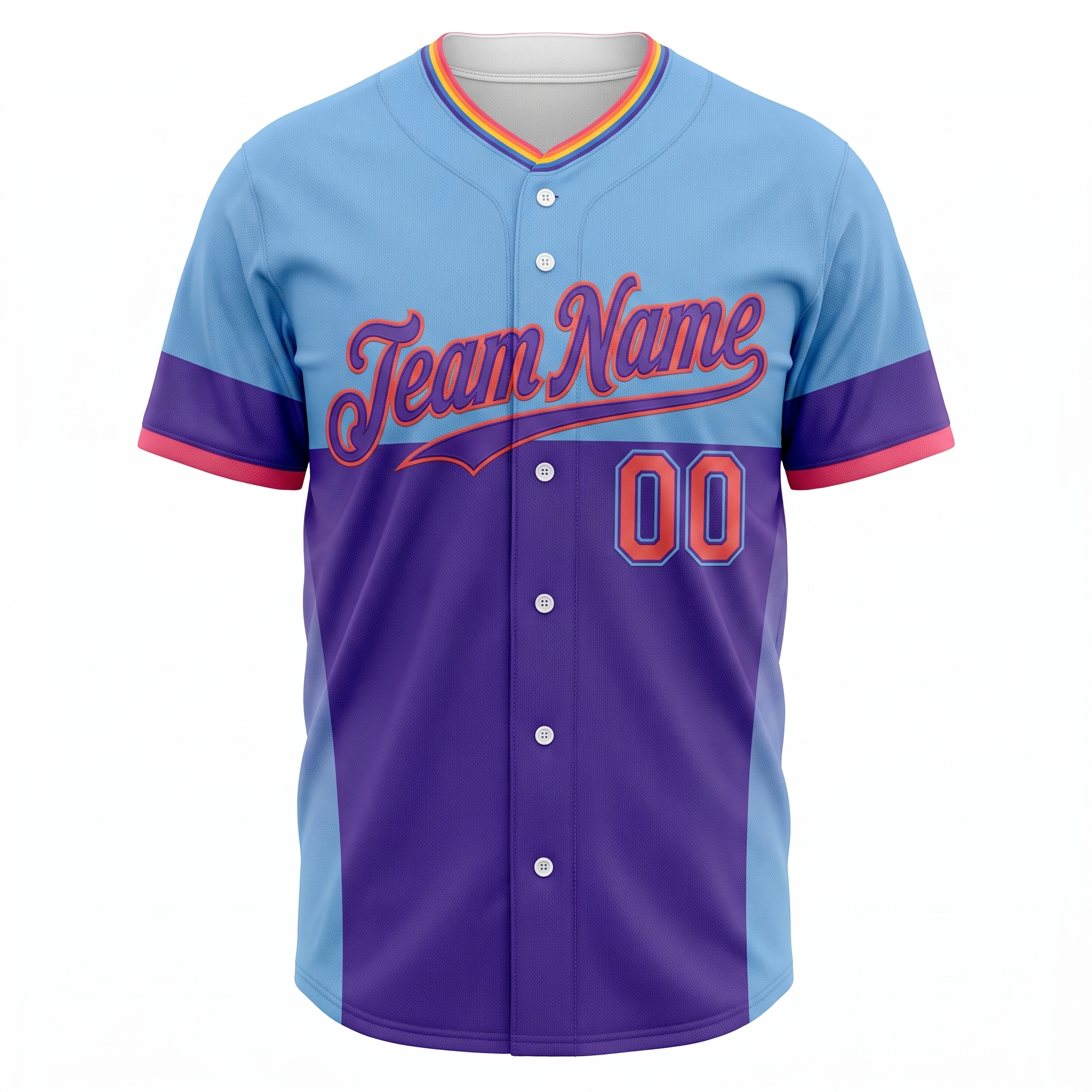 Custom Printed Denver Mountain Style Baseball Jersey Light Blue Purple Color Block Pullover V Neck Shirt for Men and Women