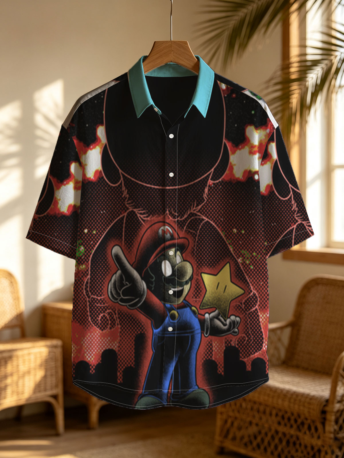 Mario Holds Star Against Shadowy Figure in Fiery Sky -  Shirt