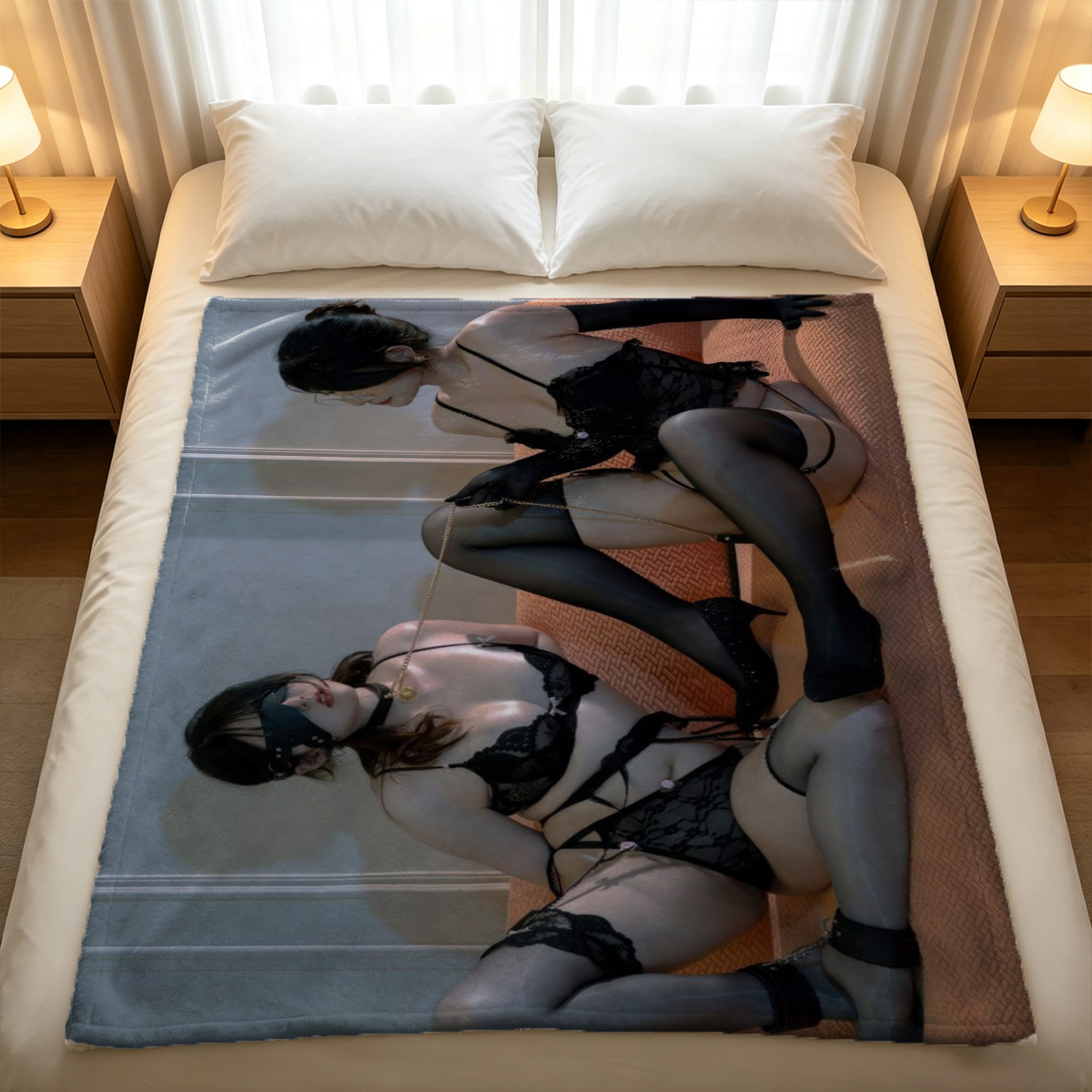 A young Asian woman in sheer white lingerie and thigh-high stockings, posing seductively by a large window. - Blanket
