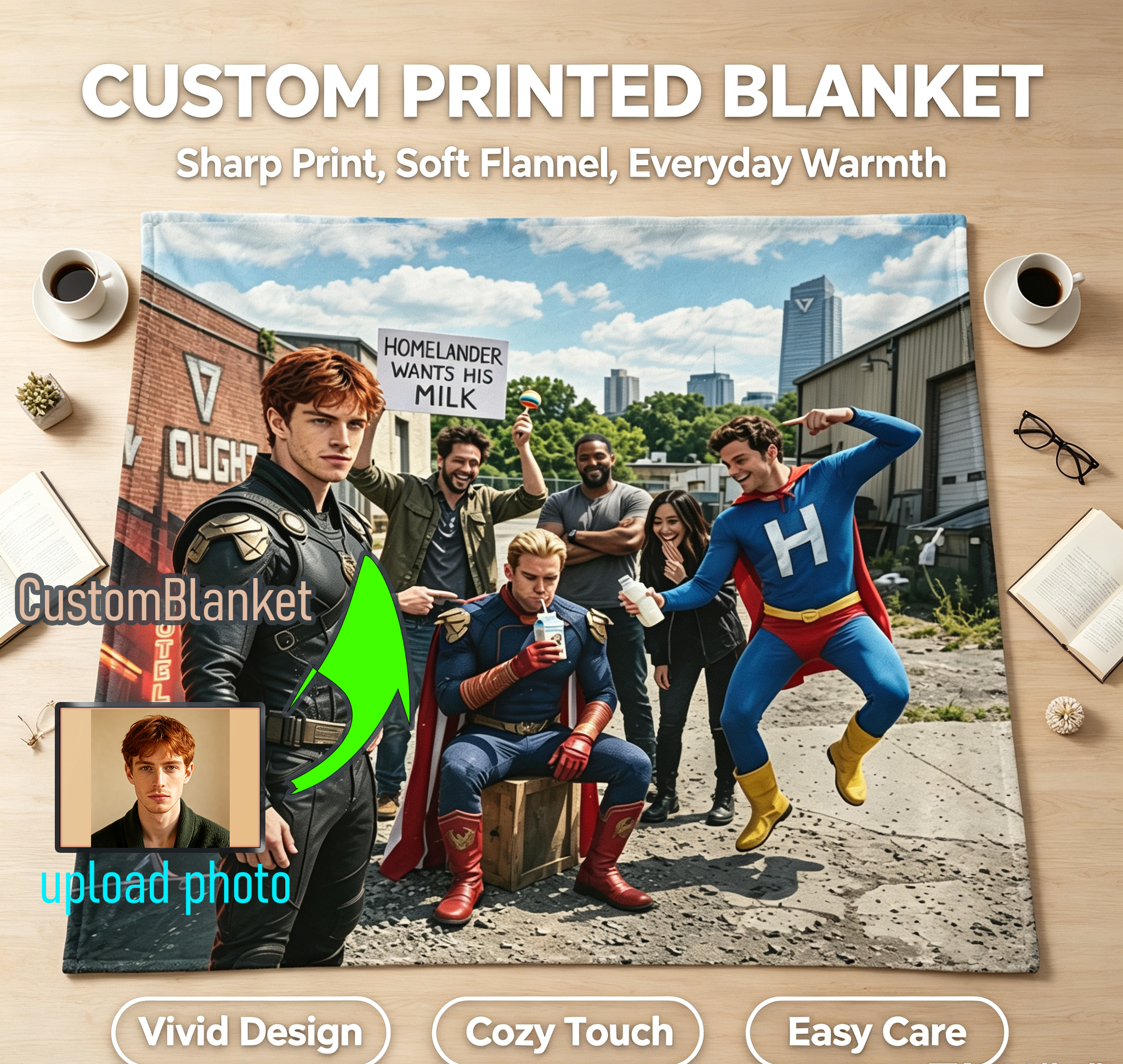 Custom Face Blanket The Boys Homelander and Superhero Team Flannel Blanket Perfect for Fans of the Series Ideal Gift or Giveaway for Comic Book Enthusiasts