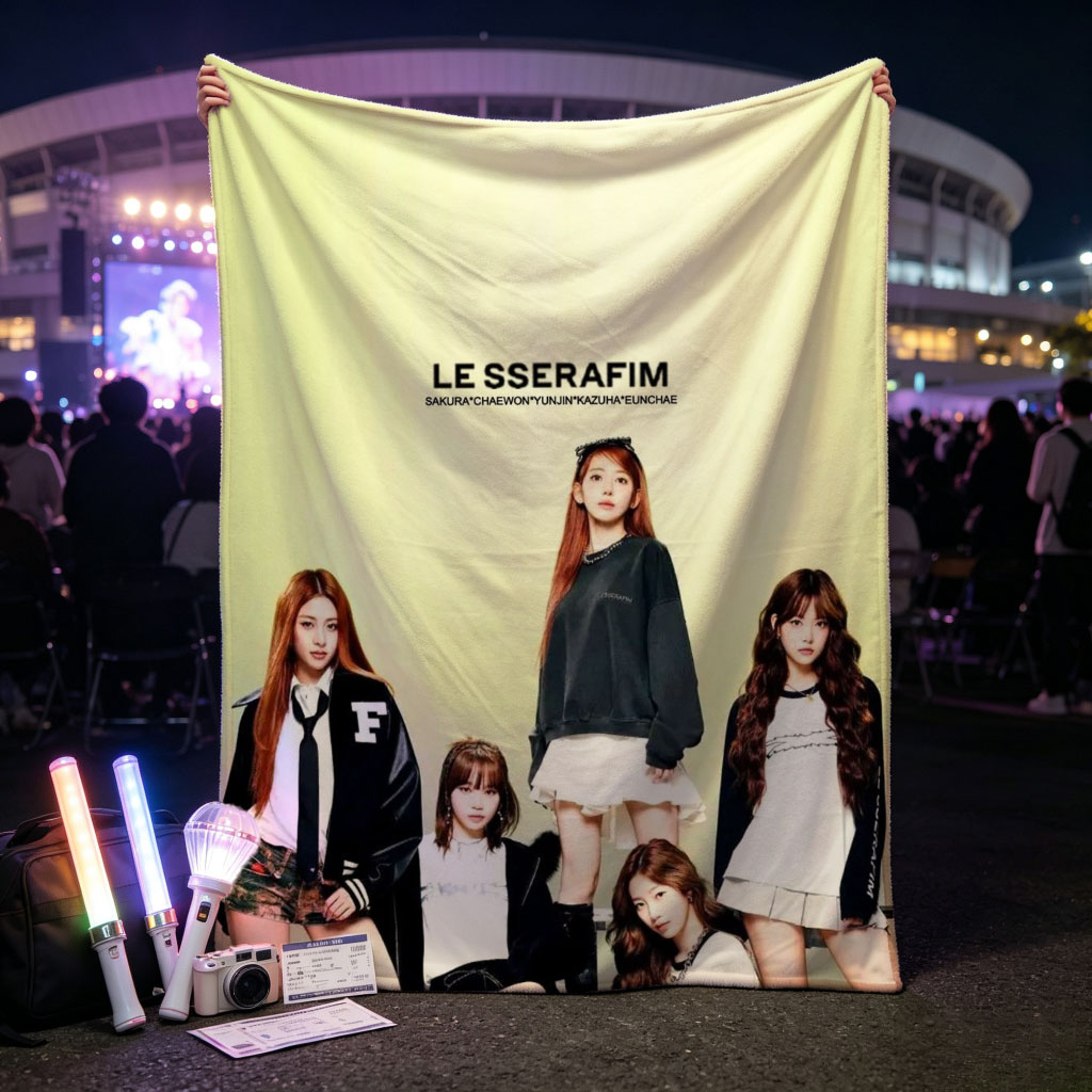 LE SSERAFIM Group Photo in School-Inspired Outfits on a Bright Green Background - Blankets