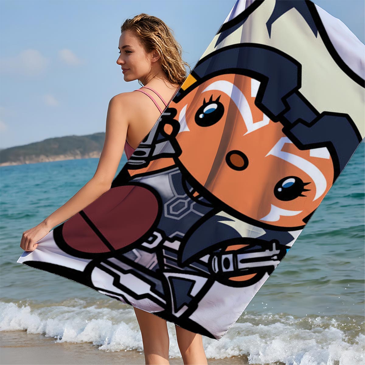 Ahsoka Tano Chibi with Dual Blue Lightsabers - Beach towels