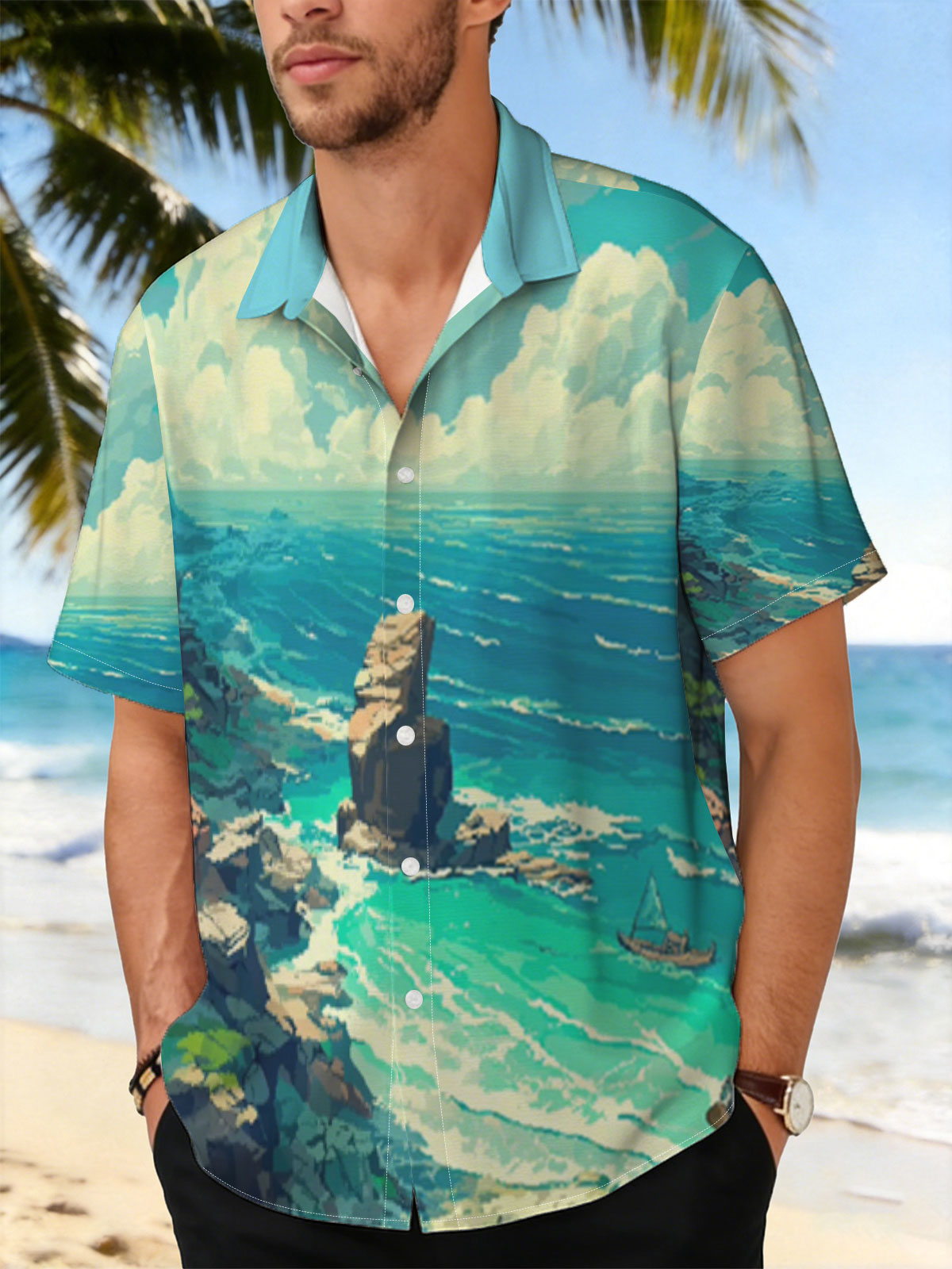 Coastal Landscape with Rocky Shore and Sailboat -  Shirt