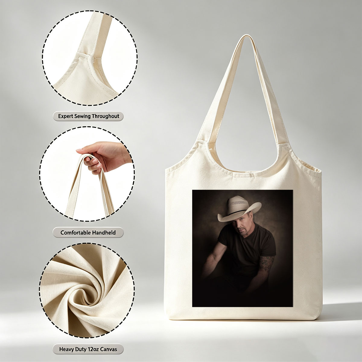 Tim McGraw in a Cowboy Hat - Intense Portrait with Tattooed Arm and Dark Background - Canvas shoulder bags/