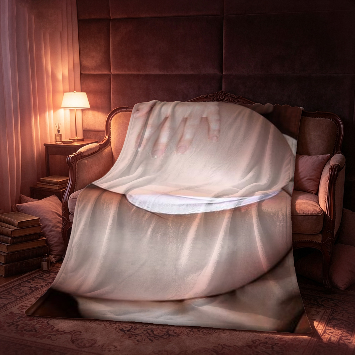A woman in lavender lingerie and sheer thigh-high stockings posing seductively on a couch. - Blanket