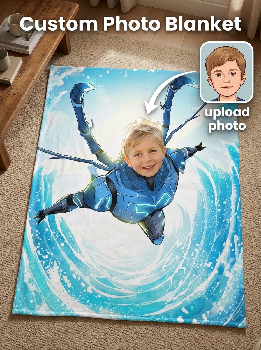 Custom Superhero Photo Flannel Throw Blanket Personalized Face Portrait Cozy Fleece Bedding for Kids and Adults Gift