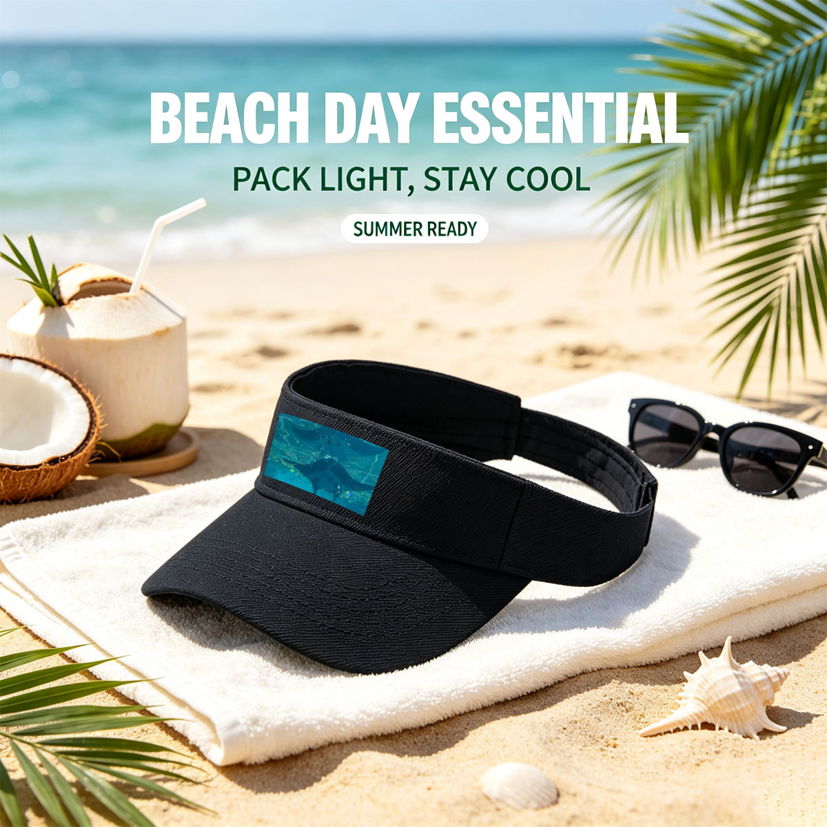 Graceful manta rays glide through clear blue waters, their silhouettes dancing beneath the surface. -  Visor cap