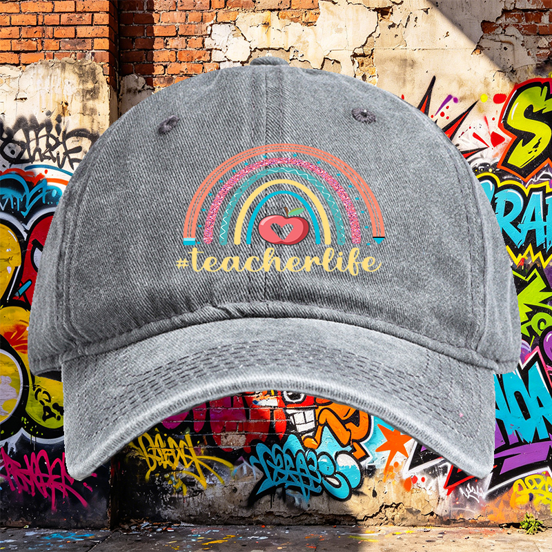 Unisex Classic Washed Hat with Rainbow Apple Print and #teacherlife Text – Perfect for Teachers, Educators, and School Events – Ideal Gift for Teaching Professionals