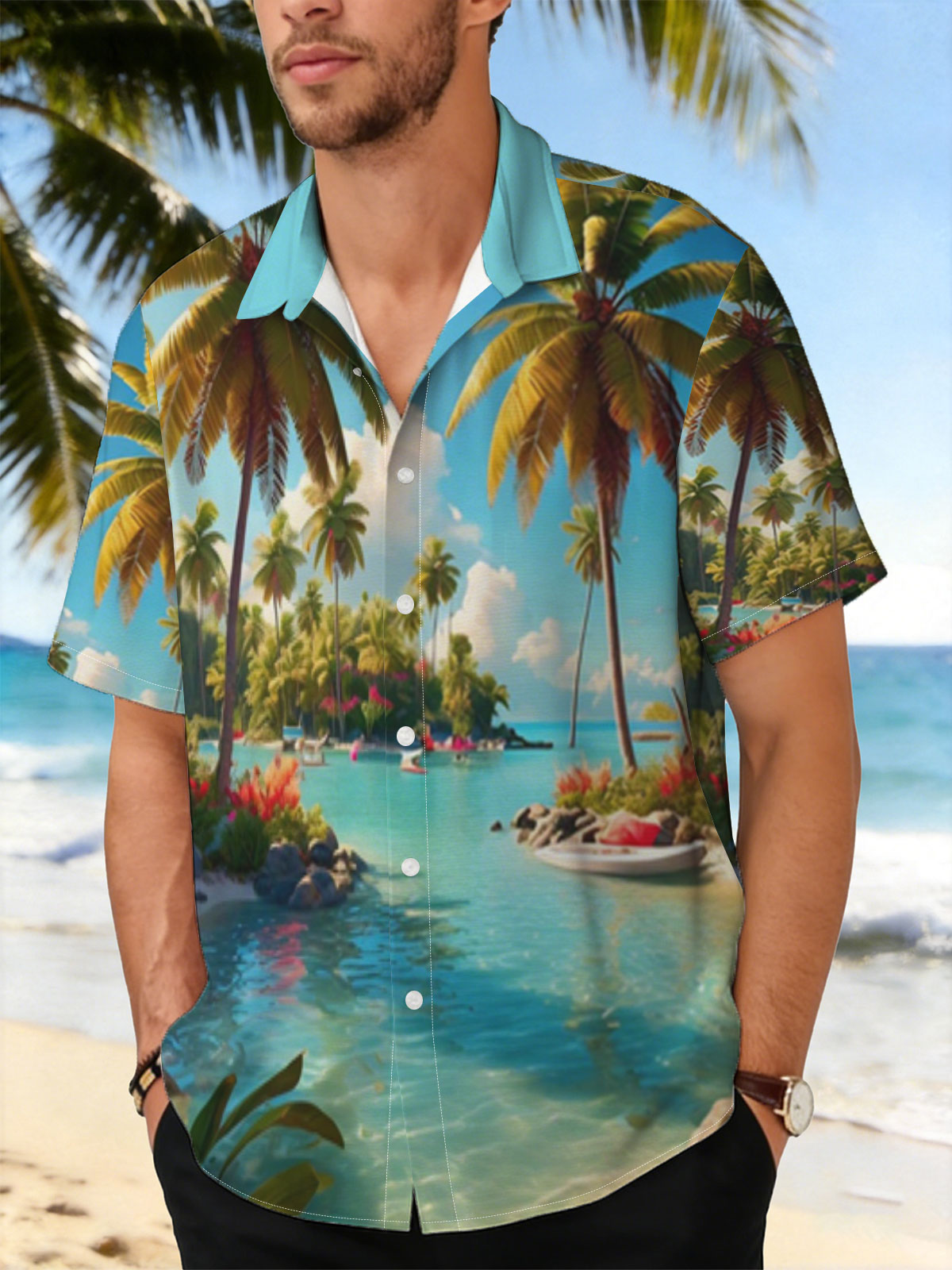 Tropical Paradise with Palm Trees and Crystal Clear Water -  Shirt