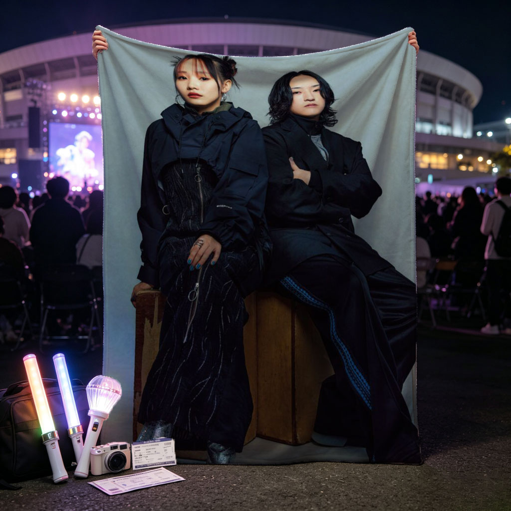YOASOBI in a Stylish Studio Portrait Featuring Two Members Dressed in Dark, Edgy Fashion Sitting on Wooden Crates Against a Neutral Background - Blankets