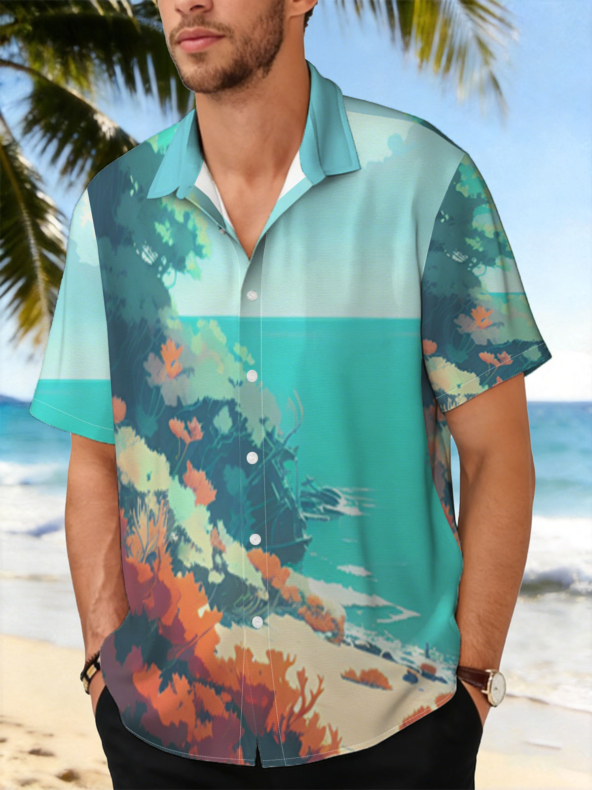 Colorful coastal landscape with vibrant flora and a distant ship on turquoise waters. -  Shirt