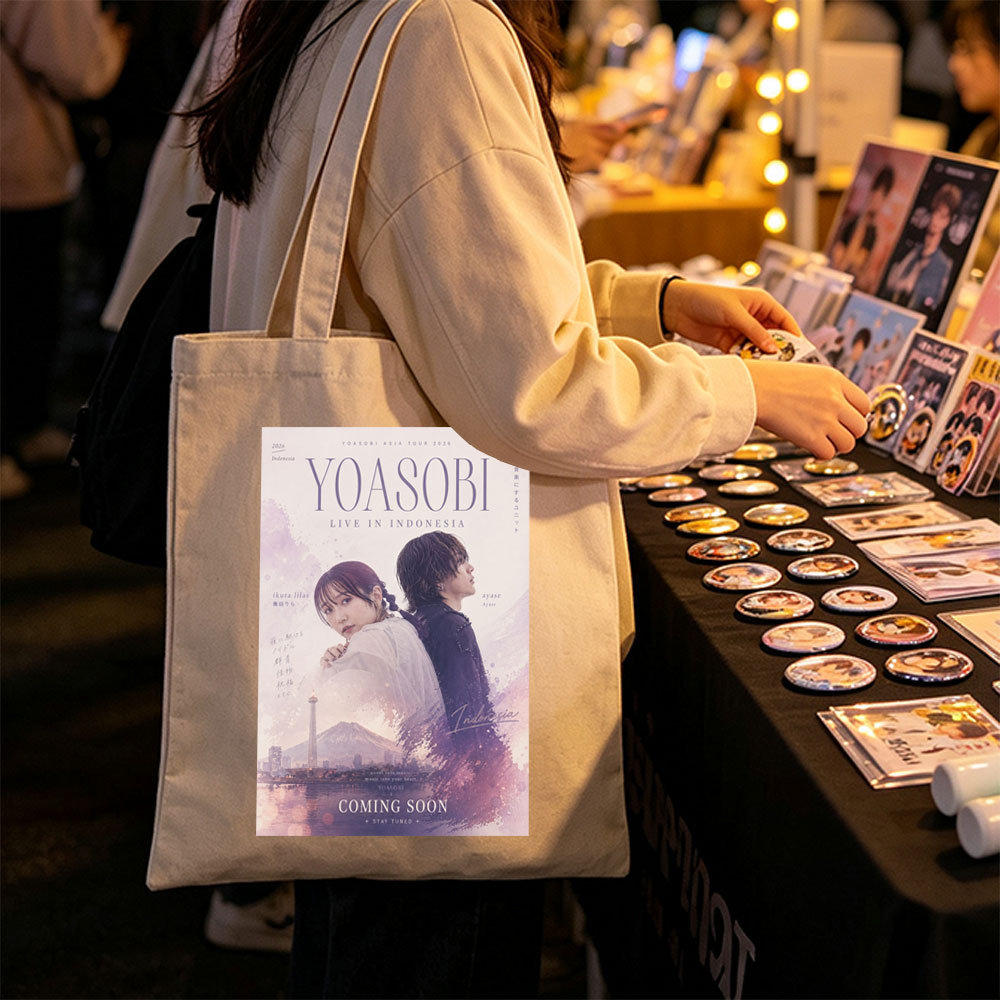 YOASOBI Live in Indonesia Concert Poster Featuring Ikuta Lilas and Ayase with Mount Fuji and Cityscape Background - Canvas tote bags