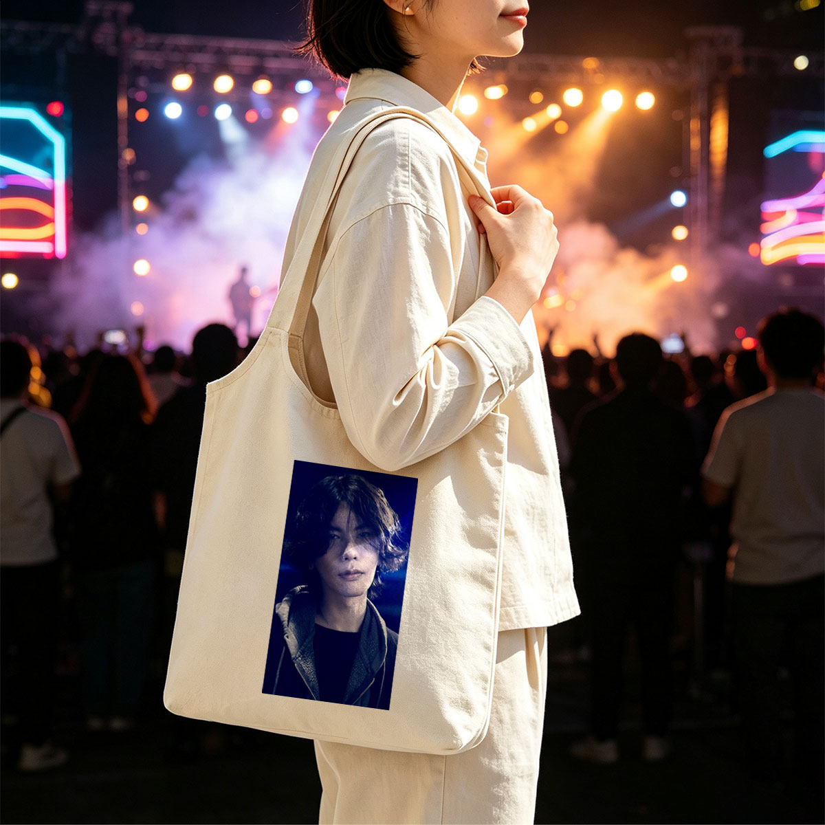 Yosuke Nagai in a dramatic scene with intense blue lighting and a stylish jacket - Canvas shoulder bags/