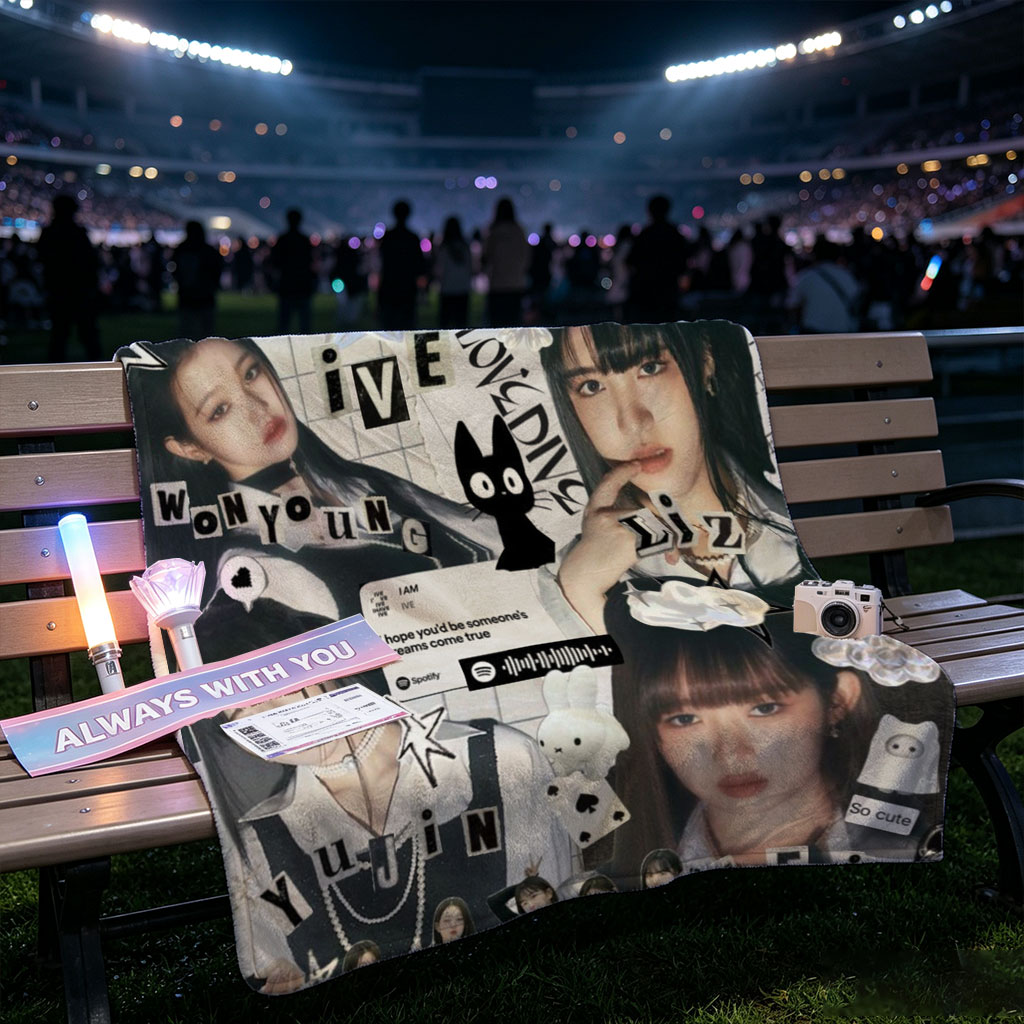 IVE Members in a Stylish Collage Featuring Fashion, Music Notes, and Cute Icons - Blankets