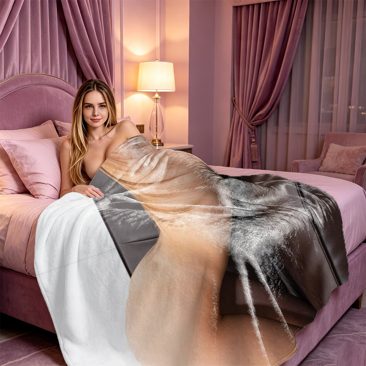 Nude Emma Watson in white stockings posing by a chair in a sunlit room. - Blanket
