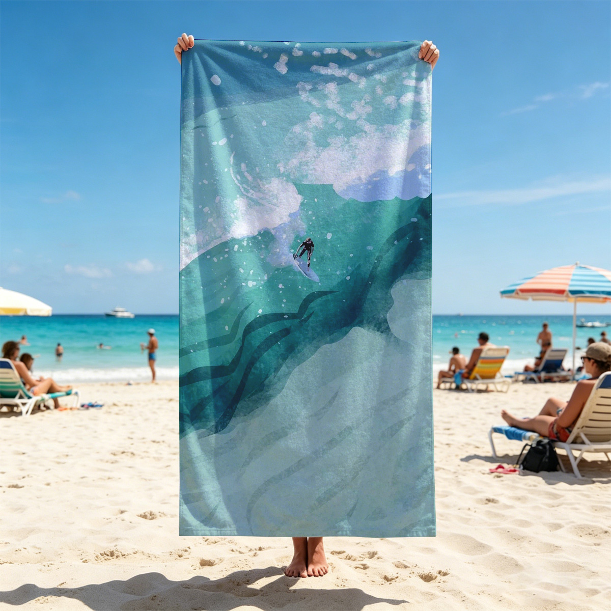 Surfer riding a massive wave in vibrant ocean waters - Beach towels