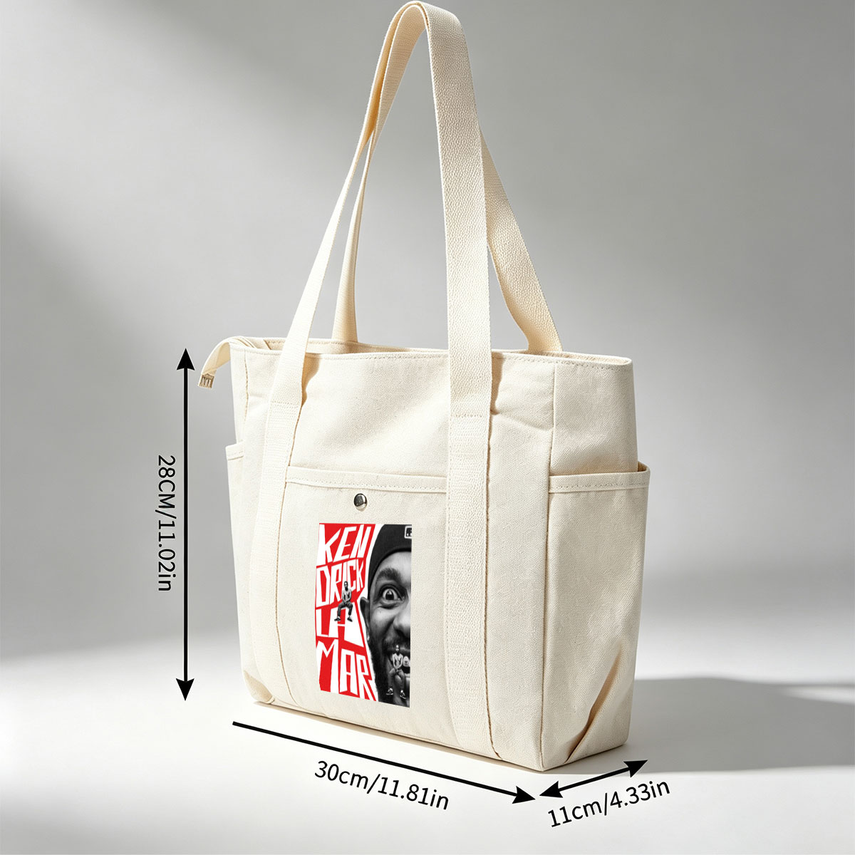 Ken Duck La Mar - Bold Red Text and Black-and-White Portrait with Miniature Figures on Face and Lettering - Multi-pocket bags