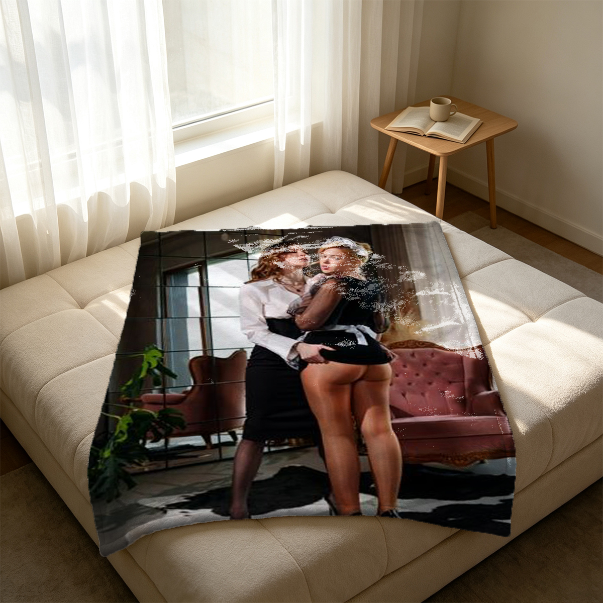 Pamela Anderson in blue bikini and pink thigh-high boots sitting in red egg chair. - Blanket
