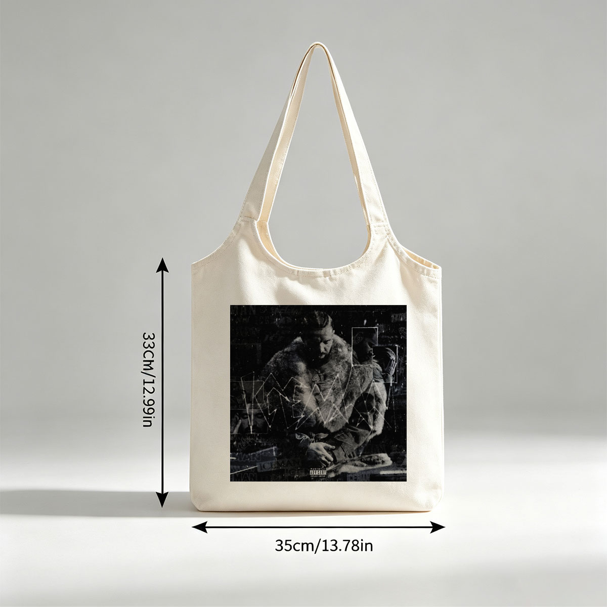 Kendrick Lamar in a fur-lined coat with geometric overlays and collage elements on a dark, textured background - Canvas shoulder bags/
