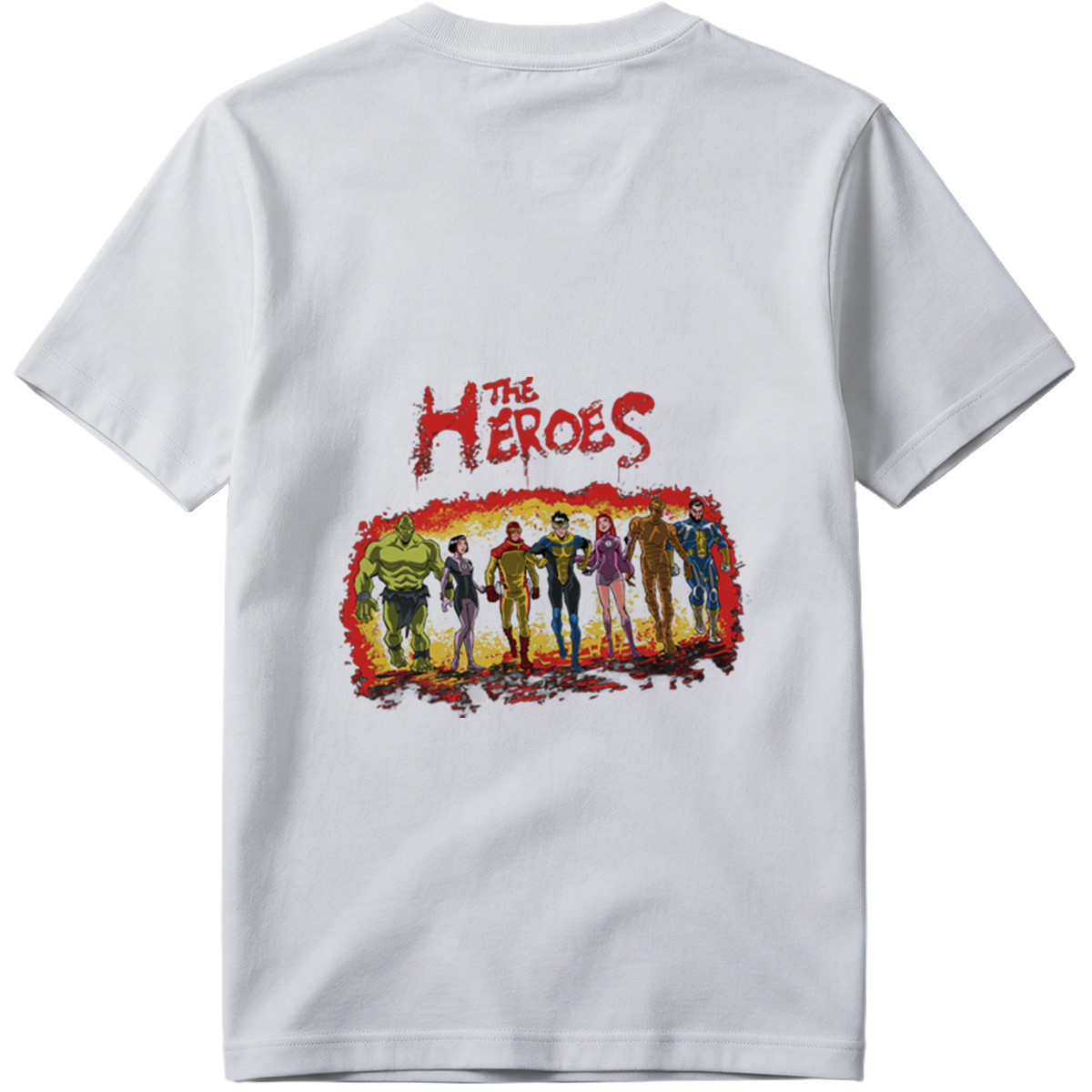 The Heroes: Green Hulk, Black Widow, Red Ranger, Blue Avenger, Pink Warrior, Golden Titan, and Blue Sentinel - Tee