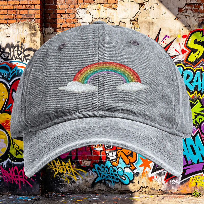 Unisex Classic Washed Cap with Glitter Rainbow and Cloud Print - Perfect for Casual Outings, Festivals, and Everyday Wear - Ideal for Youth and Adults Seeking Fun, Trendy Headwear
