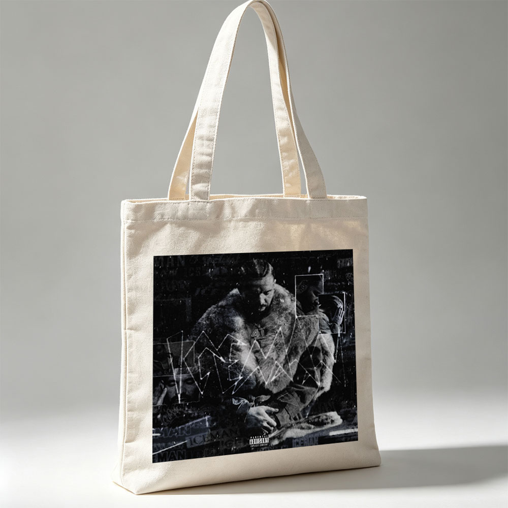 Kendrick Lamar in a fur-lined coat with geometric overlays and collage elements on a dark, textured background - Canvas tote bags