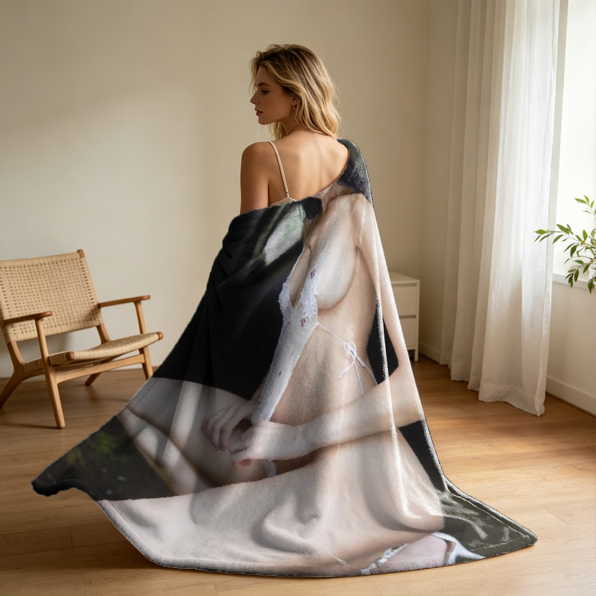 Nude woman posing on orange couch - Blanket