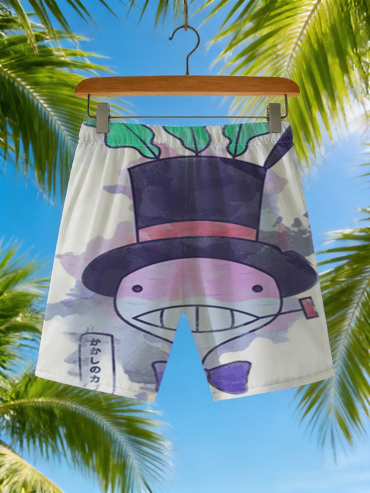 Whimsical Character with Top Hat and Bow Tie -  Beach shorts