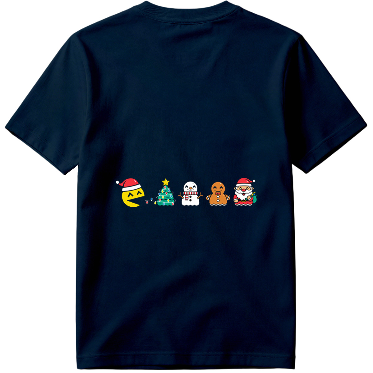 Pac-Man Christmas Characters: Pac-Man, Christmas Tree, Snowman, Gingerbread Man, Santa Claus - Tee