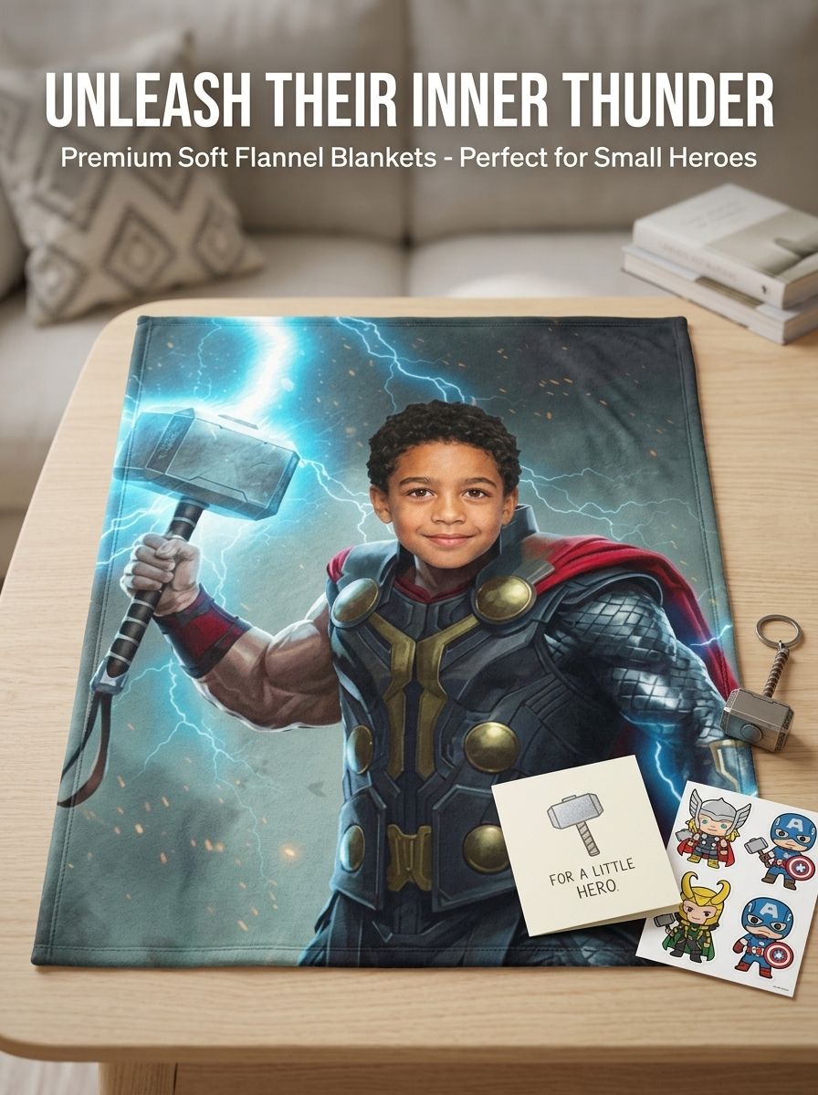 Custom Face Superhero Flannel Blanket, Personalized Photo Plush Throw for Kids and Adults, Cozy Birthday Gift Idea