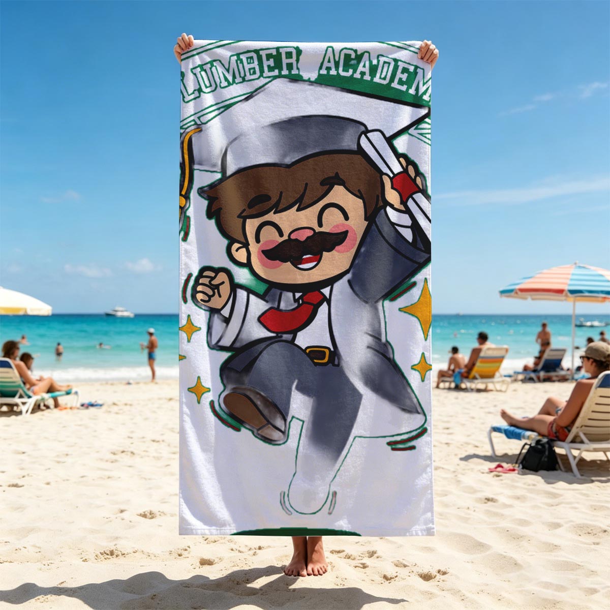 Plumber Academy Graduate Celebrates with Diploma - Beach towels