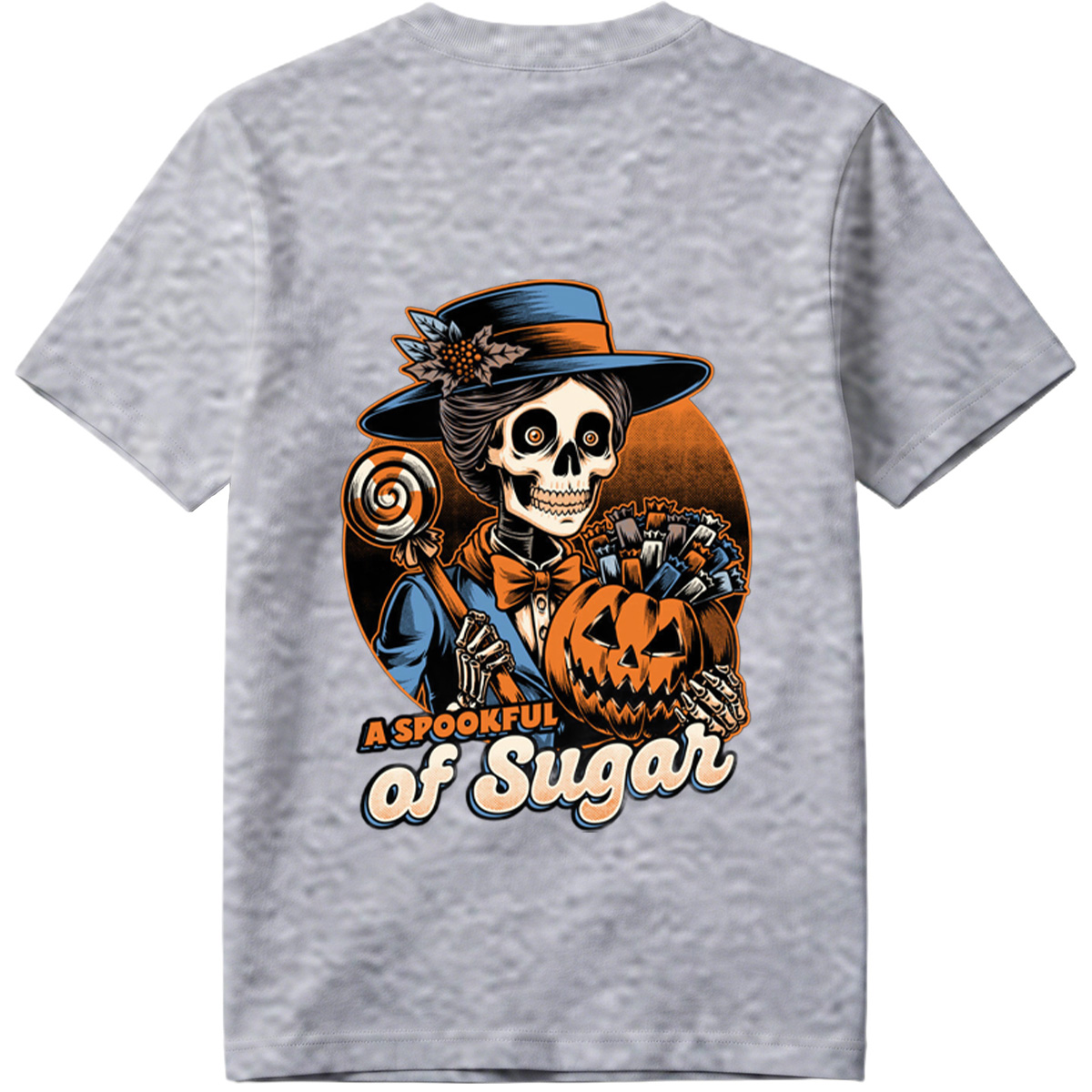 A Spookful of Sugar: Skeleton Lady with Pumpkin and Candy - Tee