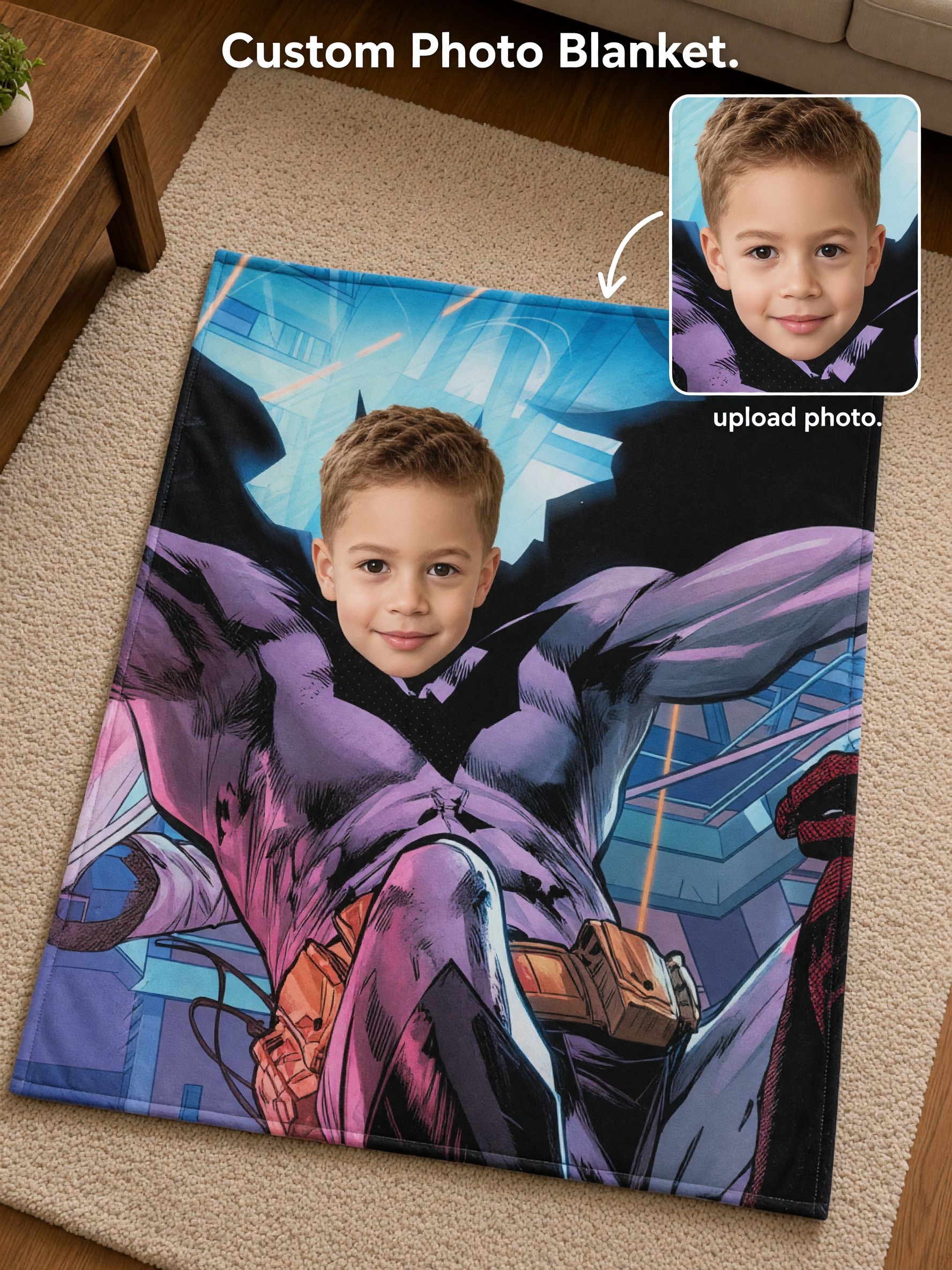 Custom Superhero Face Blanket, Personalized Photo Comic Throw, Ultra Soft Flannel Bed Couch Fleece Blanket Gift