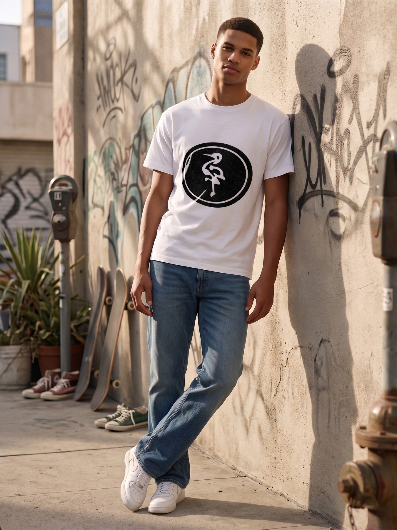 Men's Printed T-Shirt with Minimalist Heron Bird Design in Oval Frame - Casual Round Neck Lightweight Breathable Summer Short Sleeve Tee for Outdoor Activities, Nature Lovers, and Urban Streetwear Enthusiasts