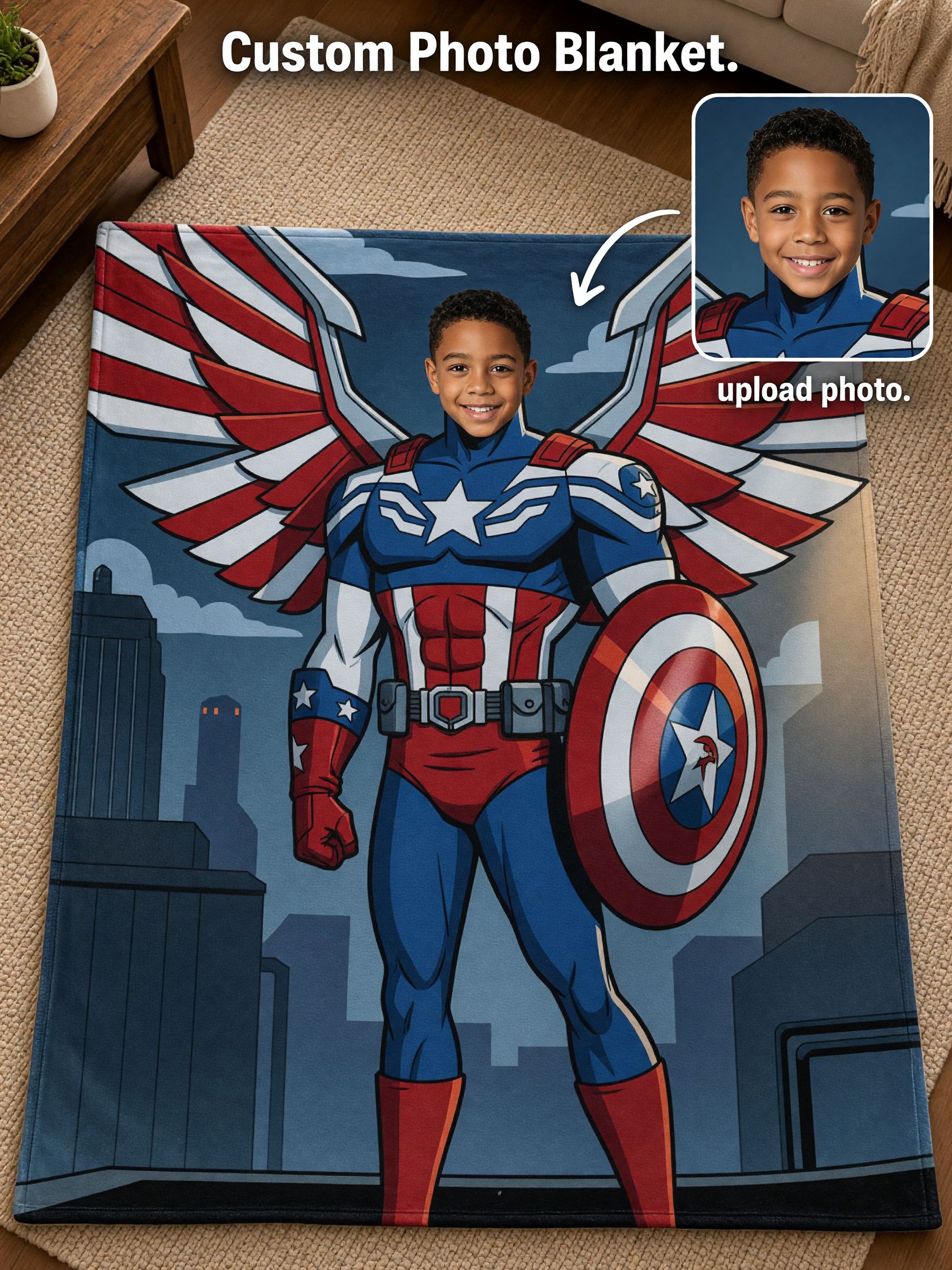 Custom Face Superhero Blanket Personalized Photo Flannel Fleece Throw Cozy Superhero Keepsake Gift for Kids and Comic