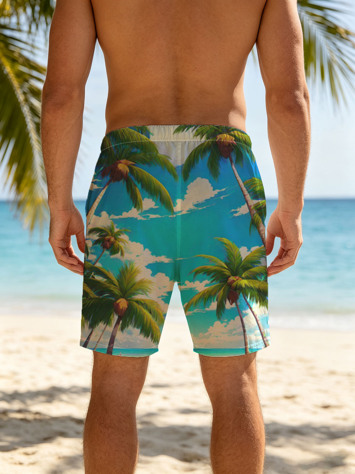 Tropical Beach with Palm Trees and Blue Sky -  Beach shorts