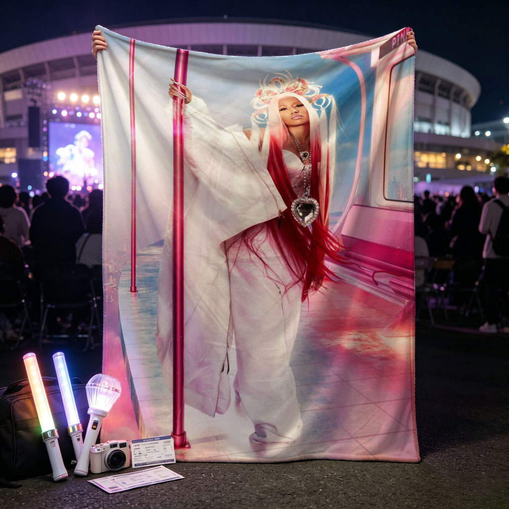 Nicki Minaj in a Pink Fantasy Scene with Futuristic Bus and Clouds - Blankets