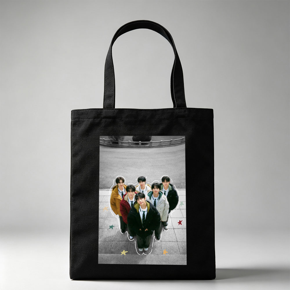 TXT Group in School Uniforms Standing Together Outdoors with Star Accents - Canvas tote bags