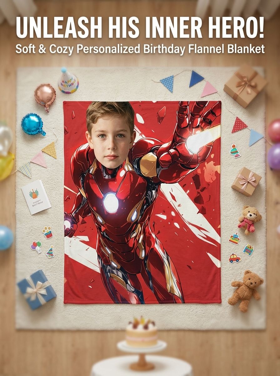 Custom Photo Superhero Armor Flannel Blanket Personalized Face Velvet Plush Throw Ideal Gift for Kids Adults
