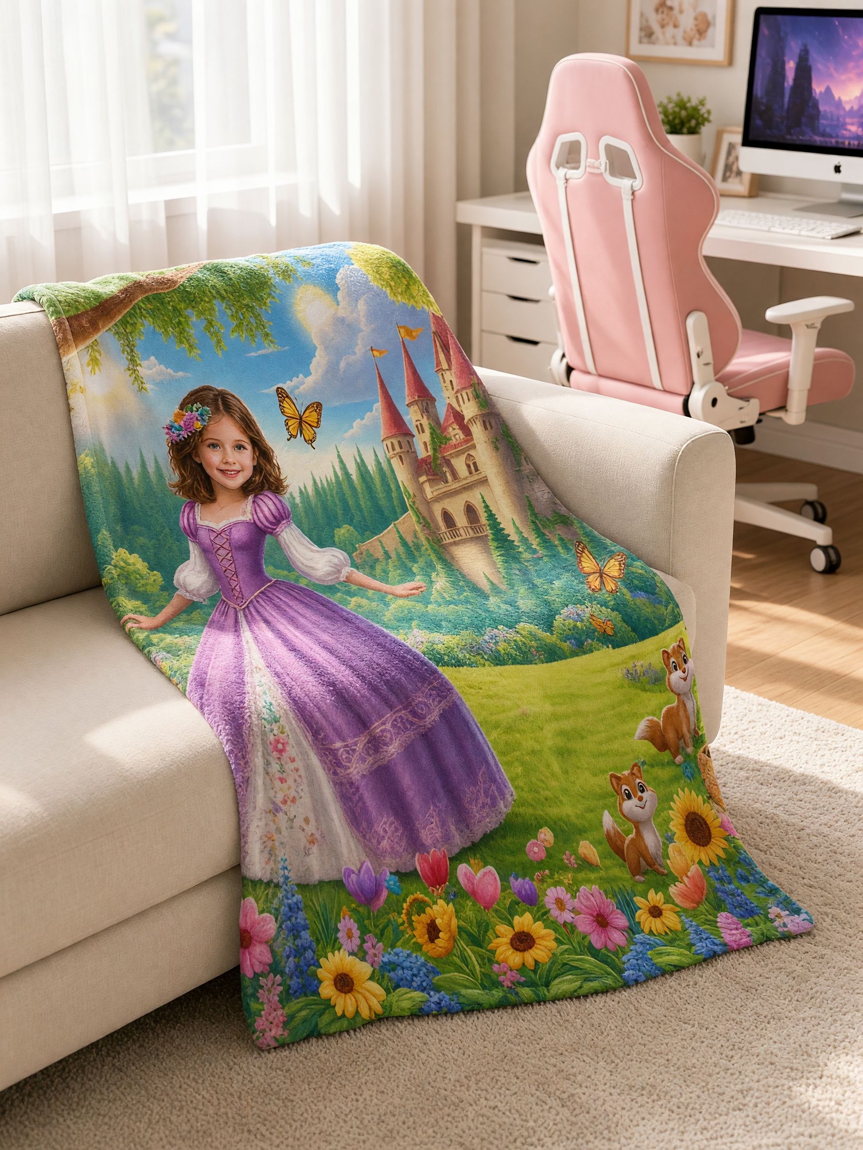 Custom Face Flannel Blanket Personalized Fairytale Princess Castle Throw, Ultra Soft Plush Cozy Bed Sofa Keepsake Gift