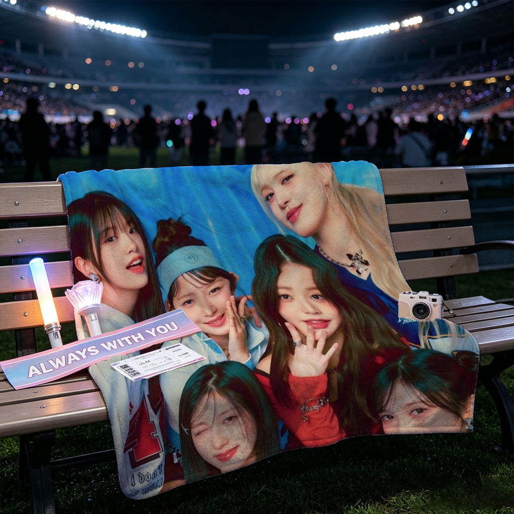 IVE Group Photo with Blue Background and Casual Outfits - Blankets
