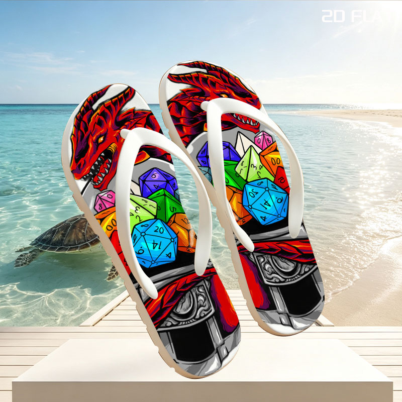 Red Dragon Guarding a Crystal Ball with Colorful Dice -  flip-flops
