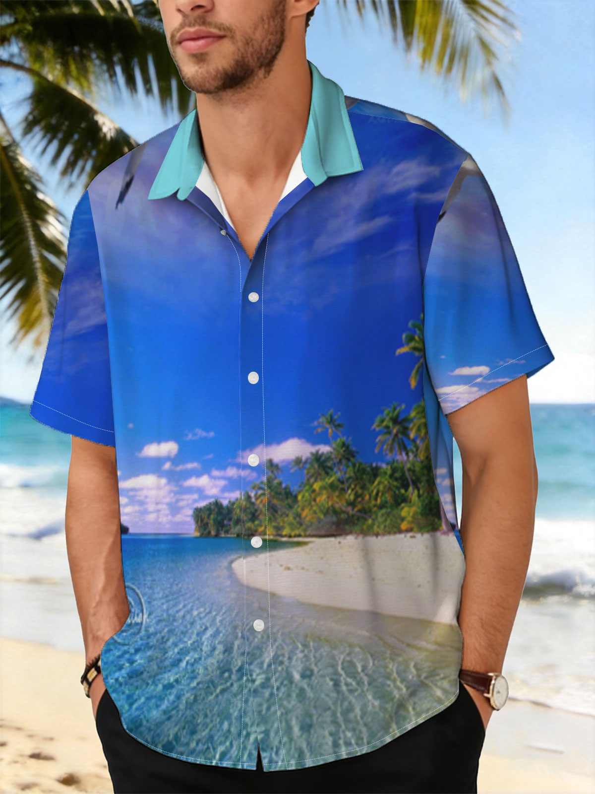 Seagulls soar over a pristine tropical beach with crystal-clear waters and palm trees under a vibrant blue sky. -  Shirt