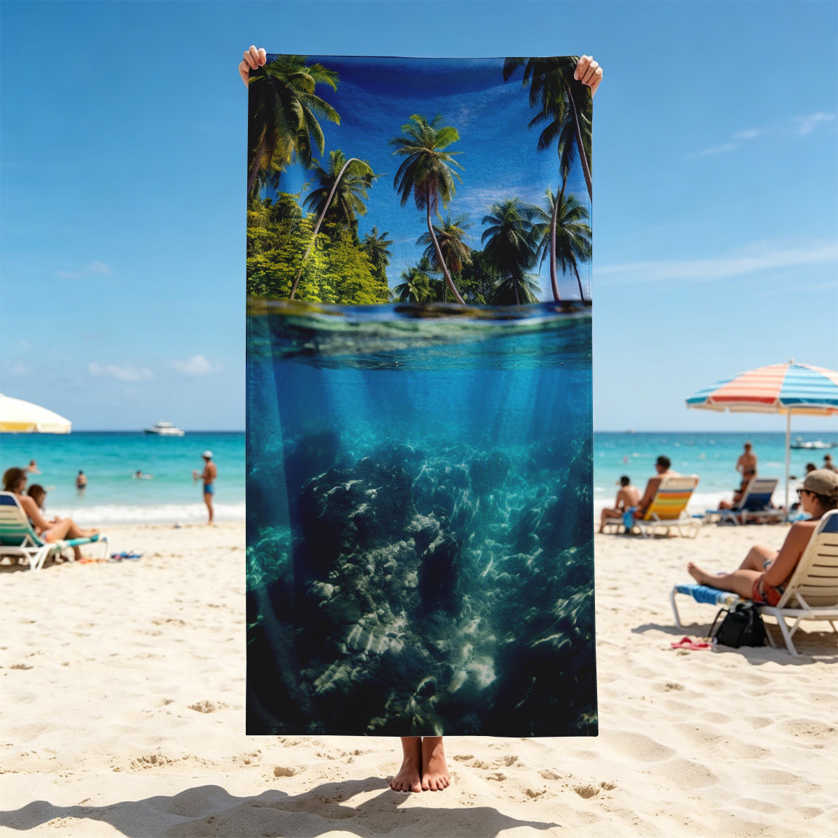 Tropical Paradise: Palm Trees and Coral Reef Underwater - Beach towels