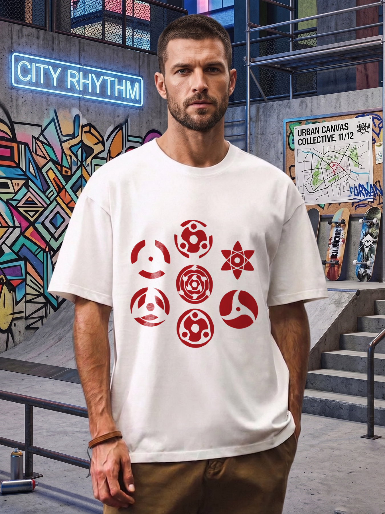 Men's Printed T-Shirt Red Symbolic Pattern Design Casual Round Neck Summer Lightweight Breathable Short Sleeve T-Shirt for Anime Fans and Pop Culture Enthusiasts