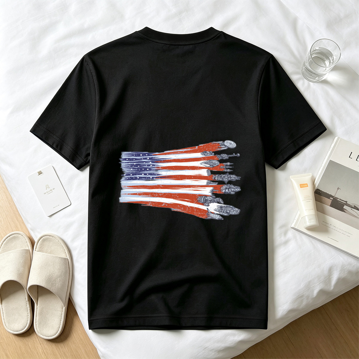 Star Trek and Star Wars Spaceships with American Flag Design - Tee